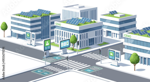 Smart City Intersection with Green Buildings, Solar Panels, and Digital Displays
