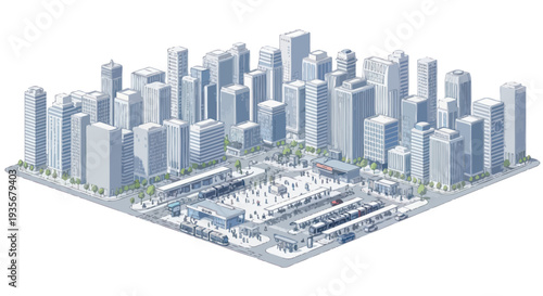 Isometric Cityscape with Modern Buildings and Busy Plaza