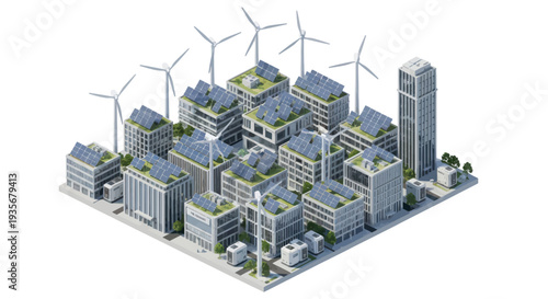 Eco-friendly cityscape with solar panels and wind turbines, sustainable urban environment concept