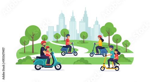 Family riding scooters and bikes in a park with city skyline background