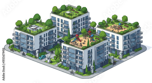 Modern Apartment Buildings with Green Rooftops and Playgrounds