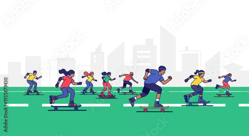 Diverse group of people skateboarding on a city street with buildings in background