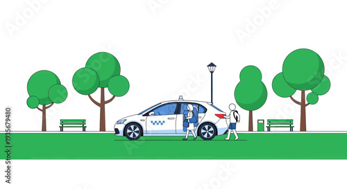Children getting into taxi with open door, park background, urban transport concept
