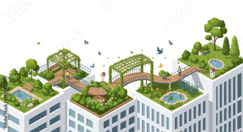 Urban rooftop garden oasis with greenery, bridges, and ponds, creating a sustainable city.