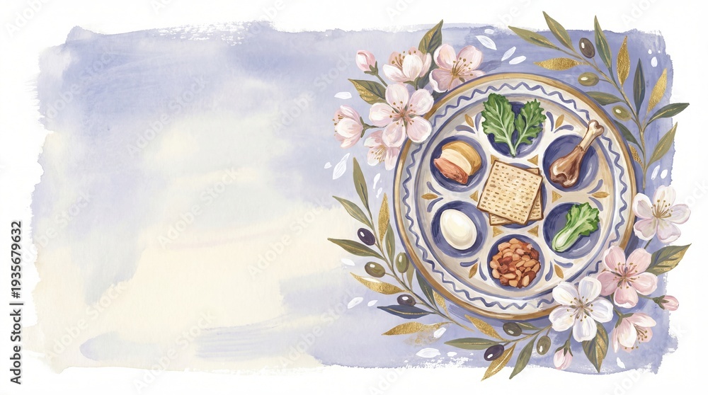 custom made wallpaper toronto digitalArtistic Passover Seder plate with spring flowers and olive branches. Watercolor Jewish holiday background with copy space