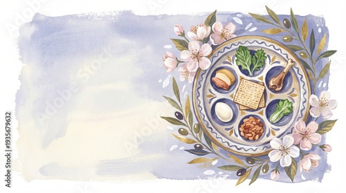 Wallpaper Mural Artistic Passover Seder plate with spring flowers and olive branches. Watercolor Jewish holiday background with copy space Torontodigital.ca