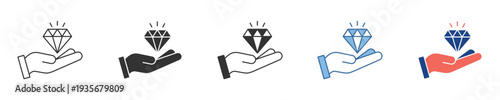 Vector icon set featuring a hand holding a radiant diamond, symbolizing value, luxury, and preciousness. Diverse styles for premium offerings and elegant digital design applications