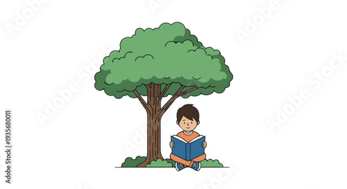 Child reads book under tree illustration promotes outdoor learning, imagination, and peaceful literacy activity