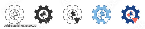 Icon set depicting system settings management, communication controls, or a notification decrease, featuring a gear and megaphone, ideal for technology, business, or administrative applications