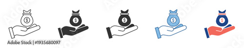 Set of vector icons showing a hand holding a money bag with a dollar sign, symbolizing financial support, donations, savings, investment, and charitable giving. Ideal for finance and economic themes