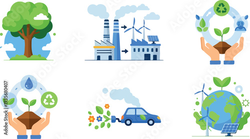 Set of 6 eco-friendly icons vector, green energy symbols for sustainable business