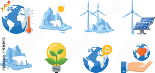 Set of 8 eco-friendly icons vector, green energy symbols