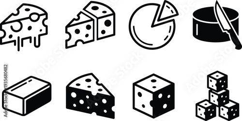 Cheese Icons Set with Slices Blocks Wheel and Dice Shapes Food Vector Collection for Dairy Product Design