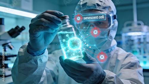 Scientist in protective gear examines a glowing vial containing a senescent cell in a modern laboratory with advanced equipment and technology visible in the background