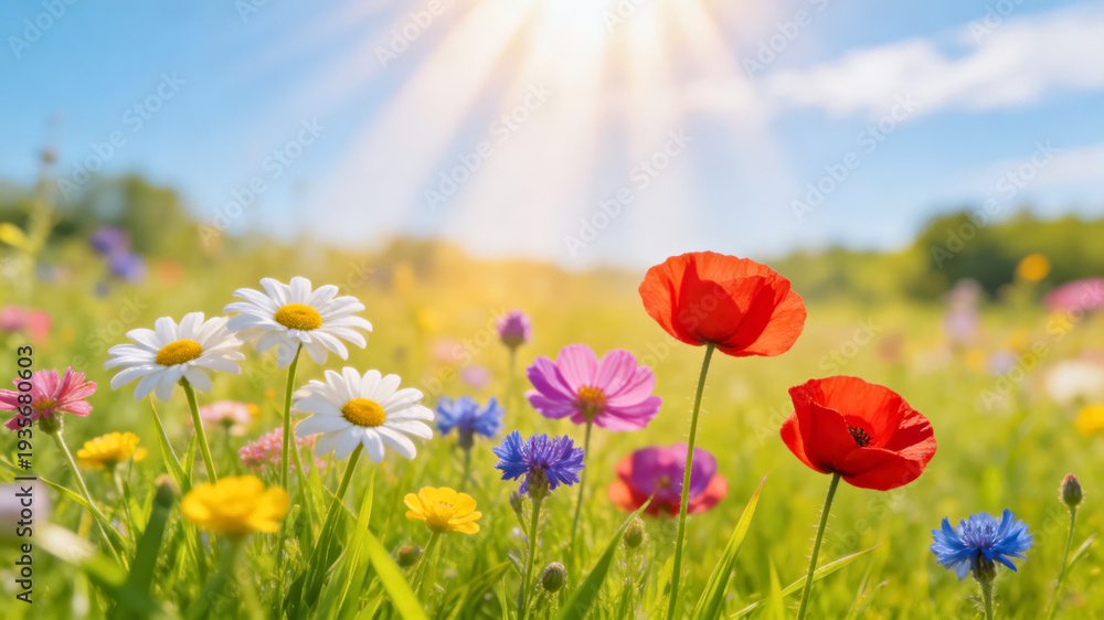 Fototapeta premium Colorful wildflower meadow featuring daisies, poppies, and cornflowers under a bright sun with rays shining through a clear blue sky in a vibrant natural setting