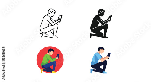 Person Squatting Tablet Device Vector