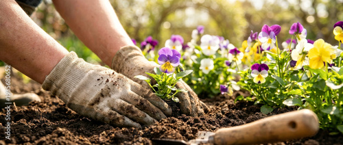 Hands of a gardener wearing gloves planting colorful pansy flowers in rich soil, with additional blooming flowers visible in a sunny garden setting
