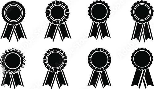 Icon set of black ribbon badges for awards and recognition