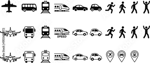 Transportation and Travel Icons Set with Airplane Bus Train Car Walking People and Map Pins Vector Collection