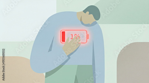 Low battery human concept: fatigue tired low energy exhaustion limit acceptance real human pace in new normal, abstract style