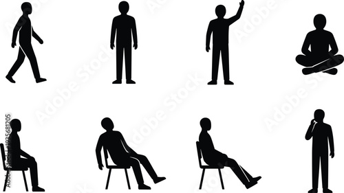 Human Silhouette Poses Set with Walking Standing Sitting and Talking People Icons Isolated Vector Illustration for Character DesignHuman Silhouette Poses Set with Walking Standing 
