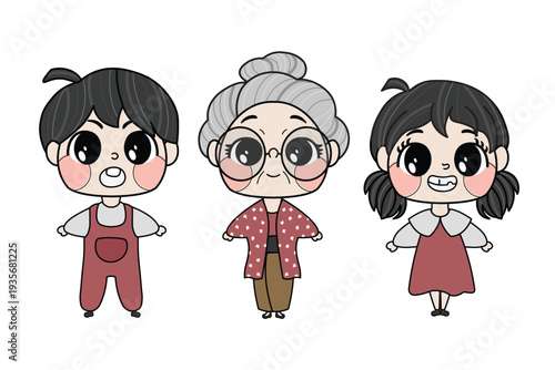 Grandma and Her Grandchildren Boy and Girl Chibi Mascot Character Wearing Indonesian Traditional Costume Kebaya in Cute Flat Vector Illustration