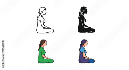 Woman meditating vector set lotus pose tranquil mindfulness