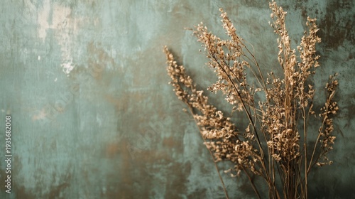 Olive green background with dried botanical textures and warm natural light .