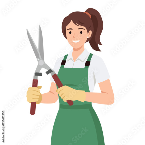Female Gardener Holding Hedge Shears. Flat vector illustration isolated on white background