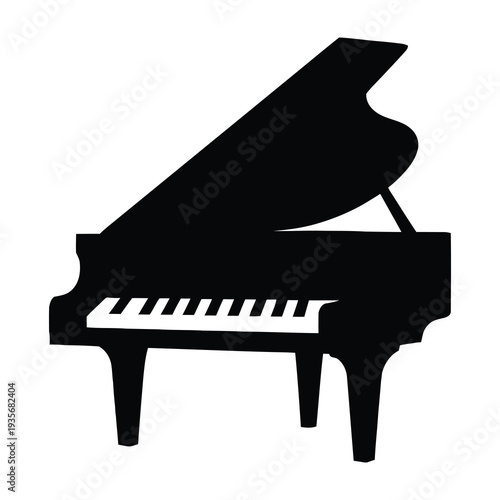 Grand piano silhouette in minimalist black and white design for music themed projects with clean modern style