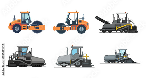 Road Construction Equipment Set with Steam Roller and Asphalt Paver