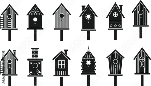Birdhouse silhouette icon set, decorative wooden nesting boxes collection, garden bird homes with various designs, minimal flat vector illustration isolated on white background