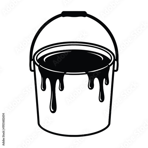 Black paint bucket with dripping paint against a white background showcasing a minimalist design for home improvement and renovation projects