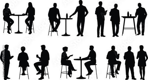 Business people meeting silhouettes set, professionals sitting and standing at table, corporate discussion networking teamwork communication isolated black vector illustration