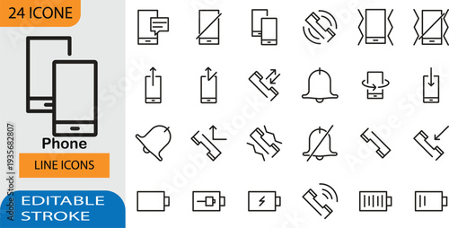Mobile Phone Line Icons Set – Smartphone Communication, Notification and Interface Outline Vector Icons