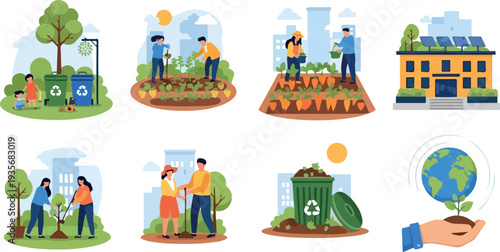 Set of 6 eco-friendly icons vector, green energy and sustainability illustrations