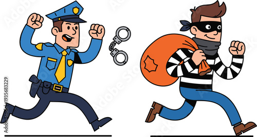 Cartoon police officer chasing masked thief with striped shirt, sack, and handcuffs, law enforcement crime pursuit artwork for comics, games, and education