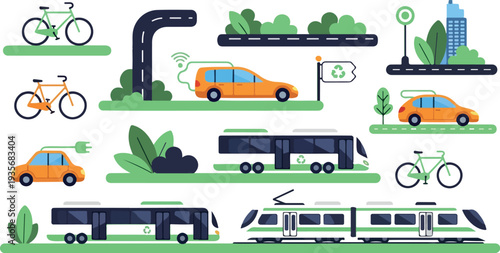 Set of 16 transportation icons vector, eco-friendly travel elements