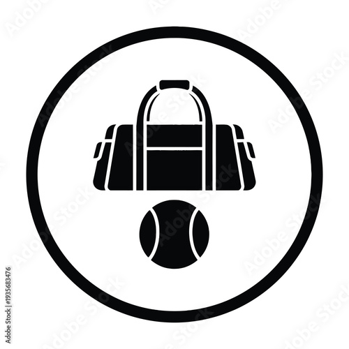 Black and white icon of a sports duffel bag with a tennis ball in front minimalist design circular frame clean and modern style symbolizing athletic and fitness themes