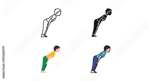 Person Bowing Action Icon Set Fitness Exercise