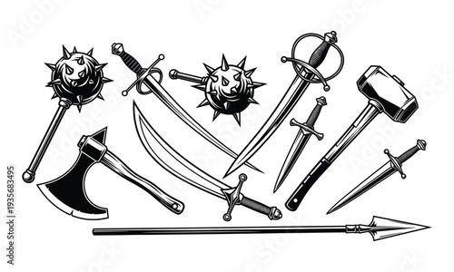 Set of ancient medieval weapons vector illustration black and white silhouette