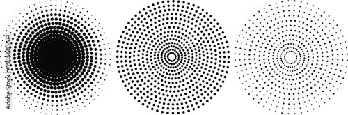 Halftone dot circle gradients vector illustration, black white concentric radial dot patterns for retro pop art background texture and design elements
