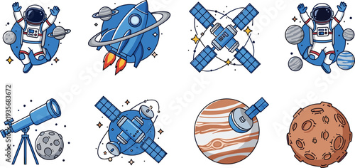 Cartoon space exploration illustrations with astronaut, rocket, satellite, telescope, planets, and astronomy icons for education, comics, games, and science-themed artwork