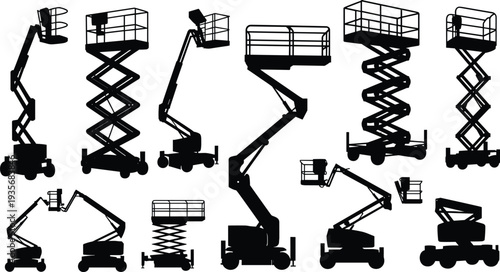 Aerial work platform and scissor lift silhouettes set, construction lifting equipment collection, boom lift machines isolated black vector illustration