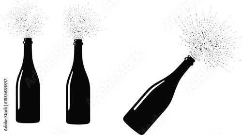 Champagne bottle silhouettes with popping corks and effervescent sprays, festive celebration icons for party, holiday, wedding, and special occasion design