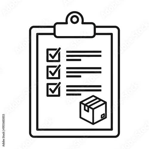 Clipboard with checklist and package symbol illustration in minimalist style with clean lines and organized layout