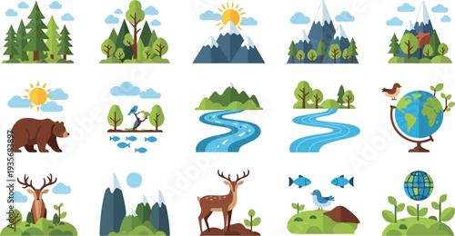 Set of 12 eco-friendly nature icons vector illustrations