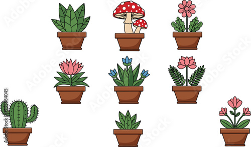 Cute Potted Plants and Mushrooms Collection with Succulent Cactus Flowers and Decorative Houseplants Flat Vector Botanical Illustration for Garden and Home Decor.