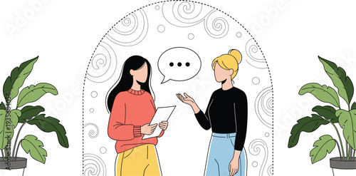 Two women friendly conversation illustration vector, stylish chat under arched frame with plants tablet gesture for lifestyle friendship communication designs