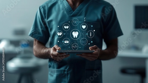 Floating dental care icons around dentist using digital interface, futuristic clinic, health concept